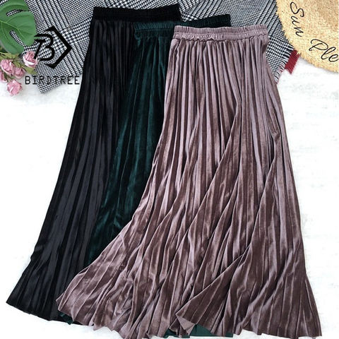 2022 Autumn Winter Women Golden Velvet Long Skirt Korean Ladies Elastic Casual High Waist Skirts Pleated Bottoms B07004R ► Photo 1/6
