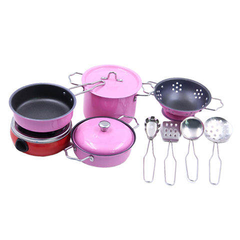 Pink 11pcs Kid Pretend Play Stainless Steel Cooking Cookware Kitchen Toy Set ► Photo 1/6