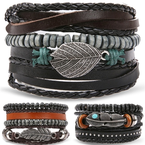 IFMIA Vintage Multiple Layers Leather Bracelet Set For Men Women Charm Leaf Feather Stone Wood Beads Wrap Bracelets Pulseras NEW ► Photo 1/6