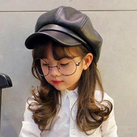 PU leather Simple children beret For Elegant lady Winter Female Hats Vintage Octagonal Casual boina Autumn girl Cap 4-11year ► Photo 1/6