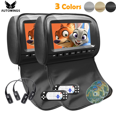 2x 9 inch 1080P Leather Cover Car Headrest Monitor DVD Video Player TFT LCD Screen USB/SD/FM/Game/Speaker IR Wireless Headphones ► Photo 1/6