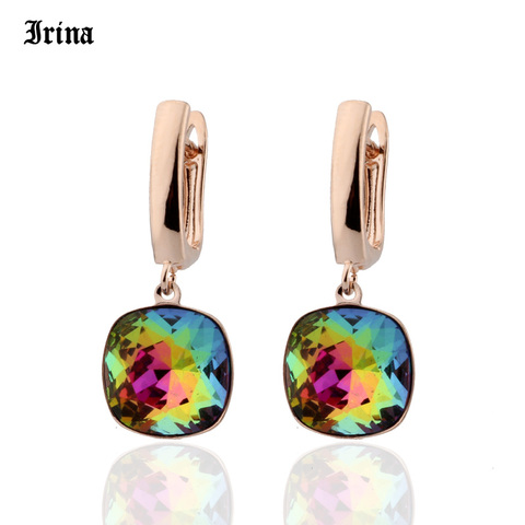 Irina Vintage Square Colorful Austrian Crystal Earrings 585 Rose Gold Color And  Silver Color  Big Drop Earrings for Women Party ► Photo 1/6