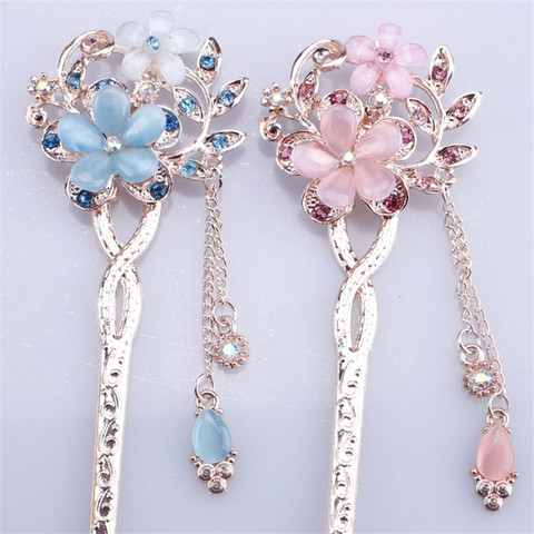 Wholesale Cat Eye Stone Hair Pin Double Flower Hair Clip Classical Hairpin Barrette Hair Accessories national wind headweard ► Photo 1/6