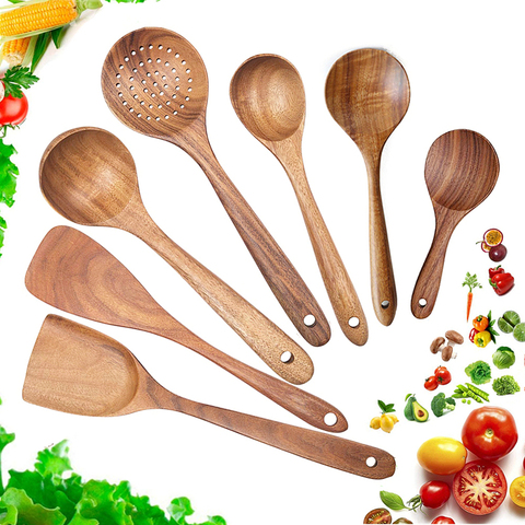 Wooden Cooking Utensils Set - 6 Pcs Natural Teak Wood Spoons And