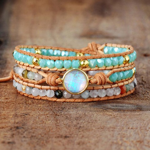 Top Quality Women Bracelets Natural Opal Stone Rhinestone 3 Rows Leather Wrap Bracelet Fancy Femme Boho Bracelets Dropship ► Photo 1/6