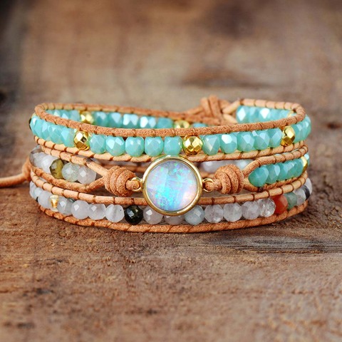 Top Quality Women Bracelets Natural Opal Stone Rhinestone 3 Rows Leather Wrap Bracelet Fancy Femme Boho Bracelets Dropship ► Photo 1/6