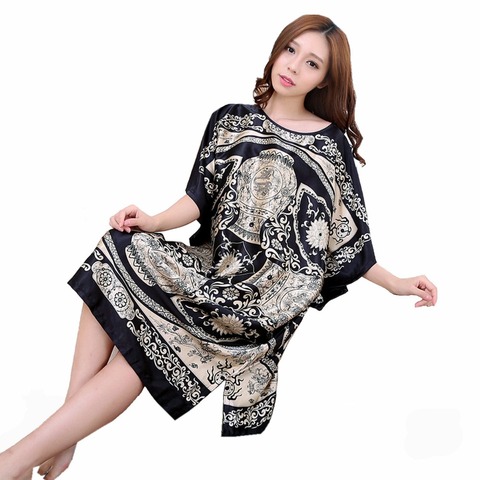 Plus Size Summer Women's Faux Silk Nigh Robe Black Lady Bath Gown Nightgown Bathrobe Sleepwear Mujer Pijama Flower Zh07C ► Photo 1/6