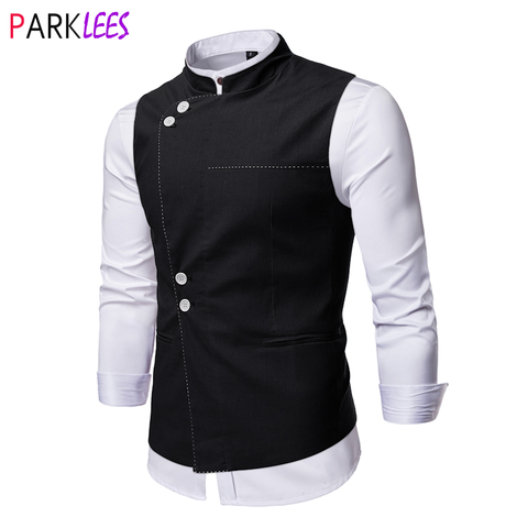 Black Stand Collar Mens Dress Vest Fashion Chic Slim Fit Sleeveless Vest Waistcoat Male Formal Business Dress Vests Gilet Homme ► Photo 1/6