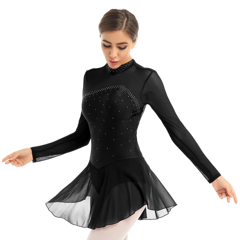 Adults Figure Skating Dress Clothes Mesh Long Sleeves Ballet Dress Ice Skating Dress Gymnastics Leotard Women Dancewear Costumes ► Photo 1/6