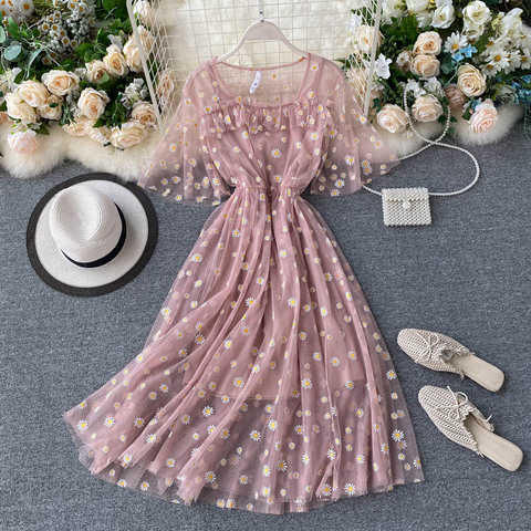 Fairy Chic Gentle Wind Dress Female 2022 New Style Sweet Daisy Printed Mesh Midi Floral Dress ► Photo 1/6