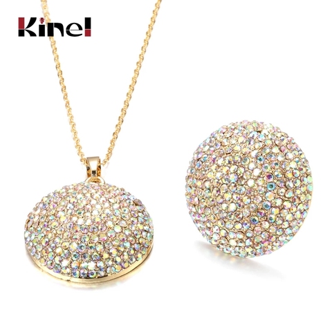 Kinel Fashion Colorful Crystal Women Big Rings Necklace Gold Color Morocco Banquet Wedding Statement Jewelry Sets Crystal Gift ► Photo 1/6