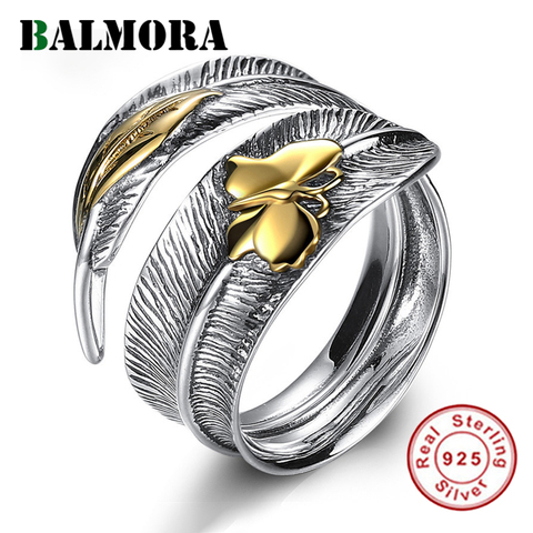 BALMORA Real 925 Sterling Silver Dragonfly Feather Leaf Retro Finger Rings for Women Party Boho Punk Fashion Statement Jewelry ► Photo 1/6