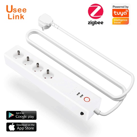 ZigBee Smart Power Strip 16A EU/UK,UseeLink Smart Power Bar Multiple Outlet Extension Cord with 2 USB and 4 AC Plugs by Tuya ► Photo 1/6