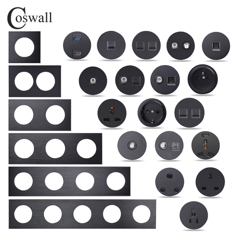 COSWALL R12 Black Aluminum Panel Wall Switch EU French Socket USB Charger Female TV RJ45 CAT6  Modules DIY Free Combination ► Photo 1/3