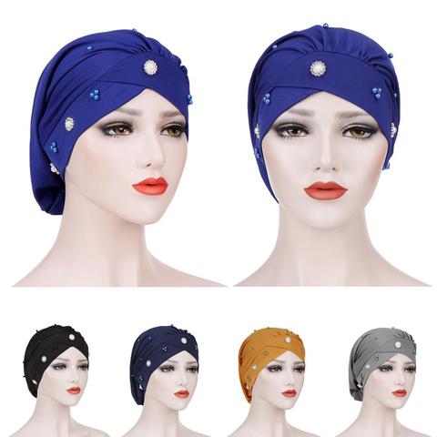 New Women Muslim Beads Cancer Cap Hat Bonnet Turban Headscarf Wrap Cap Hair Loss Elastic Skullies Beanies Arab Cover Fashion ► Photo 1/6