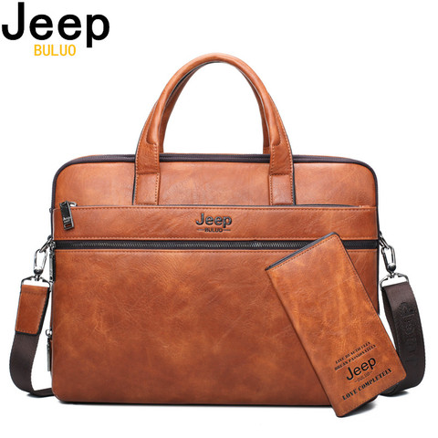 JEEP BULUO Brand Man's Business Briefcase Bag 2pcs/set Split Leather Shoulder Bag Men office Bags For 14 inch Laptop A4 Causel ► Photo 1/6