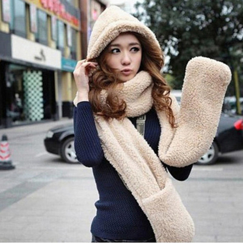 3 in 1 Women Winter Warm Soft Hood Scarf Snood Pocket Hats Gloves Fashion Hooded Srarves Scarf Hat Glove HO702006 ► Photo 1/6