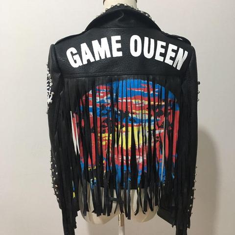 Autumn spring graffiti studs beading pu Leather Jacket female Punk Style Motorcyle tassel leather Jackets Coats Streetwear F802 ► Photo 1/6