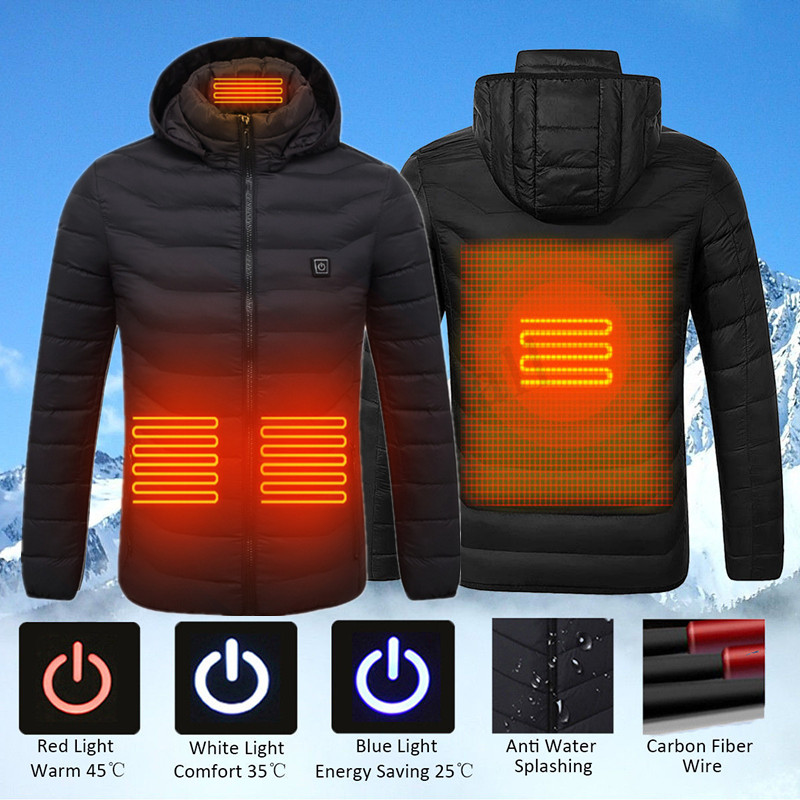 USB Electric Heating Coat Hooded Jacket Heated Outwear Washable Winter Warmer