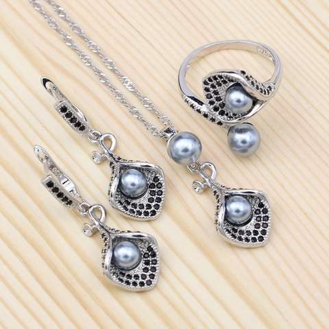 Gray Pearl 925 Silver Jewelry Sets Black Cubic Zirconia For Women Party Horn Shape Earrings Open Ring Pendant Necklace Set ► Photo 1/6