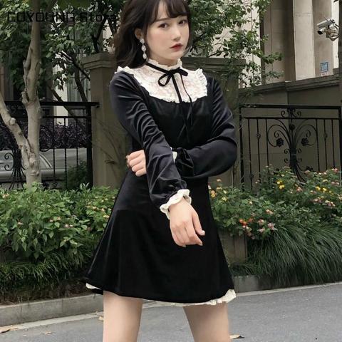 2022 Vintage Gothic Lolita Dress Girls Japanese Lace Patchwork Lace-up Stand Collar Velvet Mini Dress Women Punk Dresses ► Photo 1/5