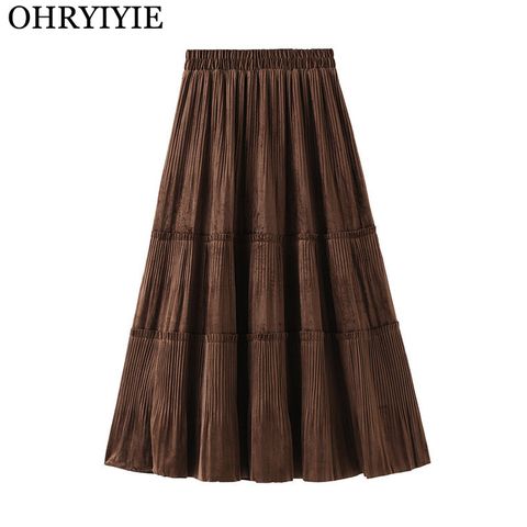 OHRYIYIE Solid Color Female Vintage Long Velvet Pleated Skirt Women Autumn Winter Elegant Fashion Ladies High Waist A line Skirt ► Photo 1/6