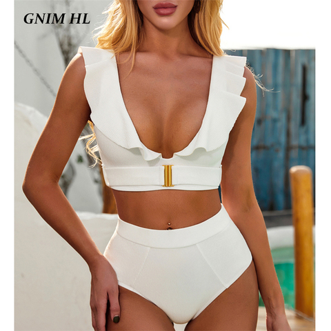 GNIM Ruffle Bikini Swimwear Women With Belt 2022 Summer Solid Swimming Suit For Women High Waist Brazilian Swimsuit Two Pieces ► Photo 1/6