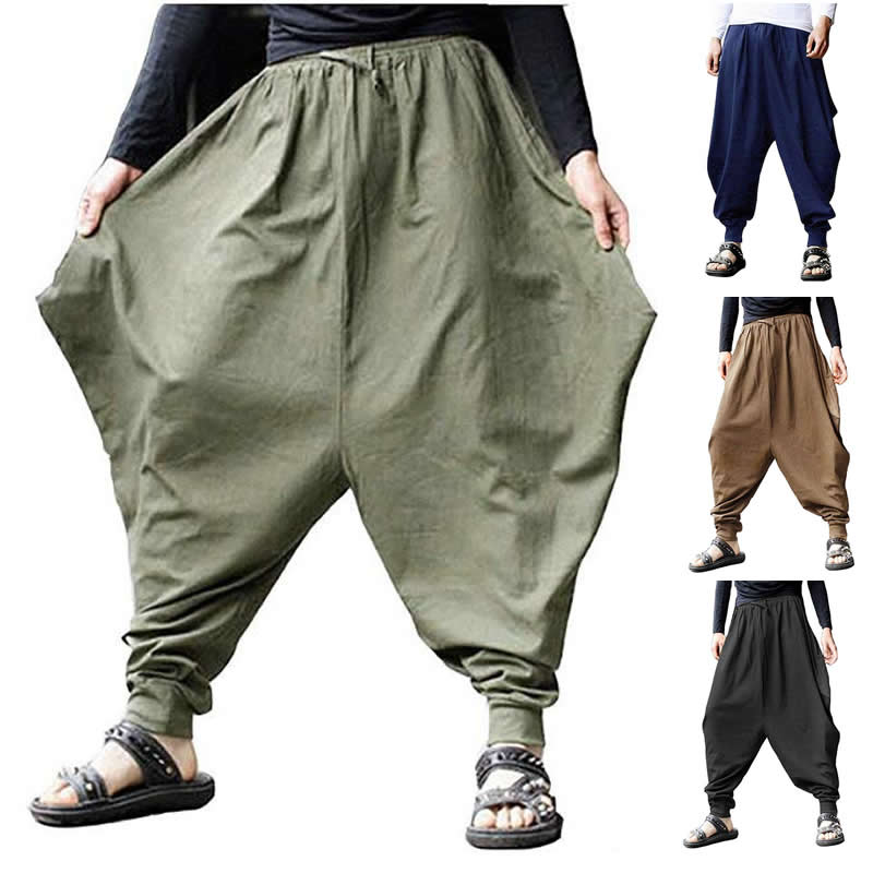 Mens Japanese Drop Crotch Loose Harem Pants Linen Cotton Wide Leg Pants Trousers 
