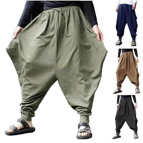 Plus Size Cotton Linen Harem Pants Men Baggy Japanese Style Joggers Mens Hip hop Crotch Wide Leg Pants Casual Loose Trousers ► Photo 1/6