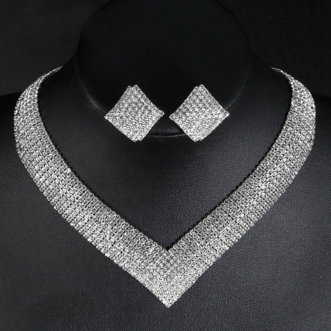 Luxury Crystal Bridal Wedding Jewelry Sets African Beads Silver Color Rhinestone Women Girls Necklace Sets Engagement Party Gift ► Photo 1/6