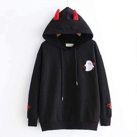 Harajuku Hoodies Girl Little Devil Horns Gothic Hooded Sweatshirts Women Autumn Loose Lolita Pullovers Tops Black White ► Photo 1/6