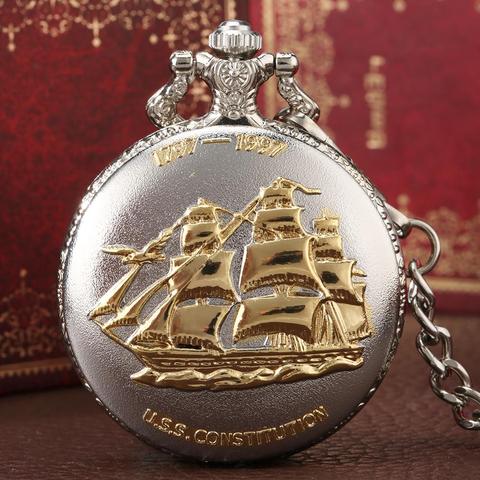 Silver Golden Military Series U.S Navy USS Constitution Sail Frigate Quartz Pocket Watch FOB Chain Watch Old Ironsides 1797-1997 ► Photo 1/6