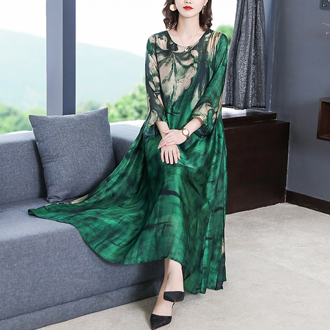 2022 Loose Casual Print Mulberry Silk Maxi Dress Spring Summer Vintage 4XL Plus Size Dress Elegant Women Bodycon Party Vestidos ► Photo 1/6