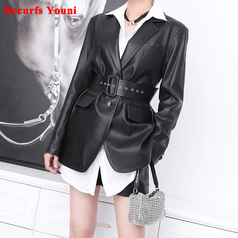 Women's Clothing Winter Genuine Leather Loose Suit Female Fashionable Handsome White Jacket Mujer Long-sleeved Coat With Belt ► Photo 1/6