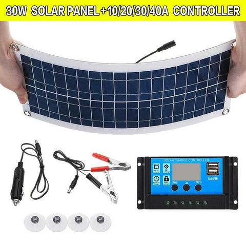 WENXING Flexible 12V 30W Dual USB Solar Panel+ 40A Solar Charger Controller For Battery Cell Phone Charger with Battery Clip ► Photo 1/6