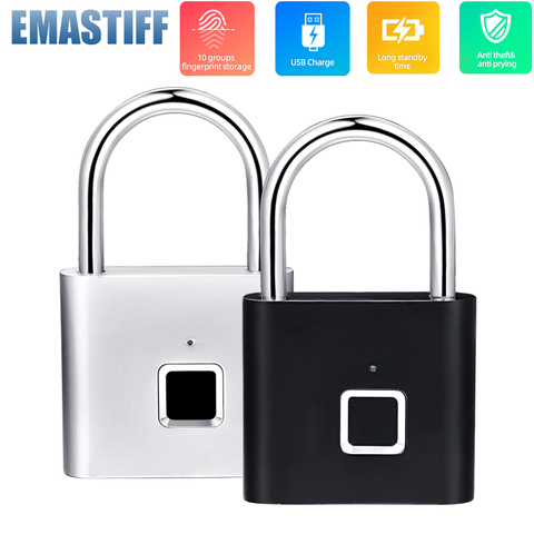 Black silver Keyless USB Rechargeable Door Lock Fingerprint Smart Padlock Quick Unlock Zinc alloy Metal Self Developing Chip ► Photo 1/5