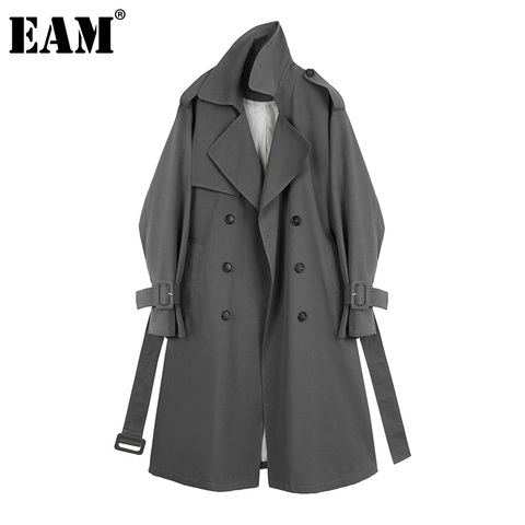 [EAM] Women Gray Brief Bandage Big Size Trench New Lapel Long Sleeve Loose Fit Windbreaker Fashion Spring Autumn 2022 1DA757 ► Photo 1/2