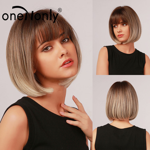 oneNonly Short Bobo Wig Ombre Brown Blonde Gray Synthetic Wigs with Bangs Cosplay Natural Daily Hair for Women Heat Resistant ► Photo 1/6