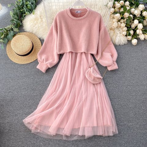 FMFSSOM Spring Autumn Knitted Warm Long Sleeve Elegant Chiffon Women Lady Female Long Maxi Dress ► Photo 1/6