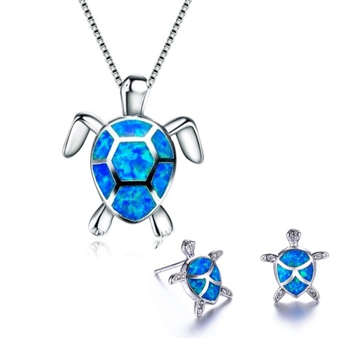 Classic Cute Sea Turtle Necklace Earrings jewelry set Trendy Animal Fire Opal Stud Earring for girl women best gift ► Photo 1/6