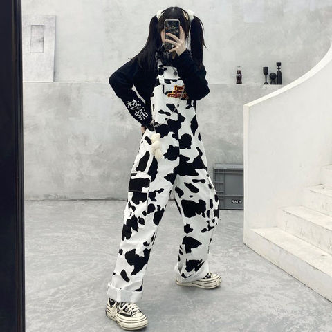 HOUZHOU Hippie Cow Print Jumpsuits Harajuku Cow Patterned Trousers Korean Style Overalls Casual Baggy Wide Leg Pants Spring 2022 ► Photo 1/6