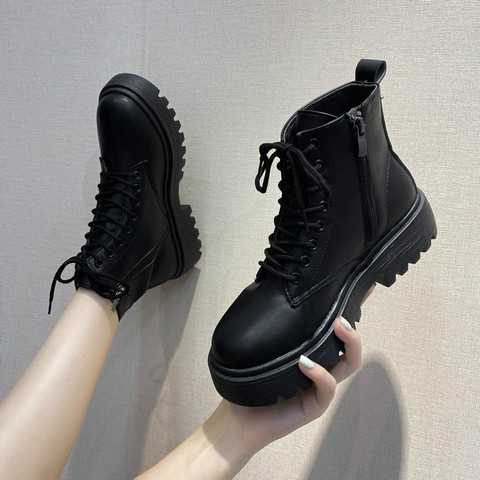 Black Platform Boots Women Boots Winter Leather Martin Boots Lace Up Ankle Boots Motorcycle Thick Heel Platform High Heels ► Photo 1/6