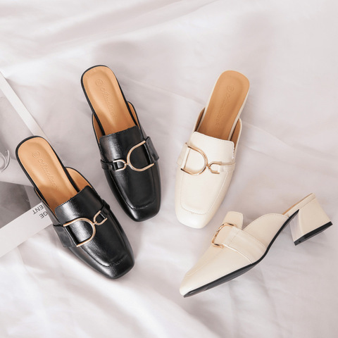 Block Low Heels Mule Shoes Women Gold Buckle Leather Square Toe Slip on Mules Casual Black Slippers Women Ladies Slides JJ126 ► Photo 1/6