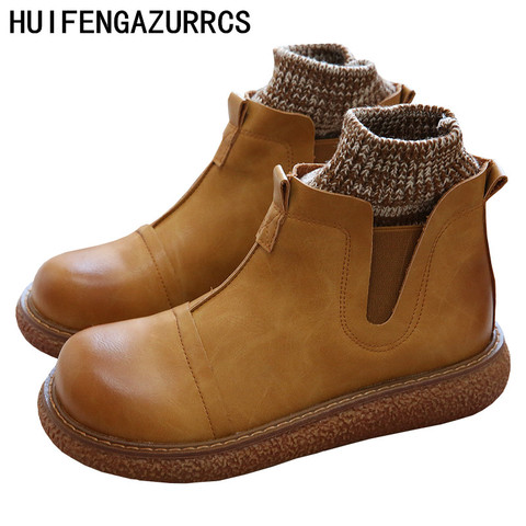 HUIFENGAZURRCS-Women winter Boots leather casual ankle shoes Comfortable quality soft handmade lady flat Shoes with fur  boots ► Photo 1/5