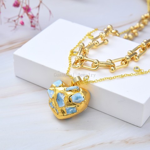 GG Jewelry Natural Heart Shaped Blue Larimar Pendant necklace Gold color Plated Chain Layers statement Necklace 20