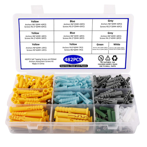 482pcs/set Plastic Expansion Drywall Anchor Screws Self Tapping Screw Kit M3.5 M4.2 M5 M6 Stainless Steel Tube Wall Plugs ► Photo 1/6