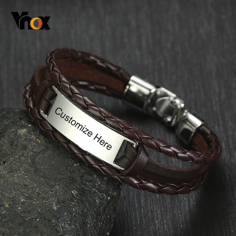 Vnox Free Custom ID Tag Triple Layers Leather Bracelets for Men Stainless Steel Bar Engrave Name Inspiration Pulseira ► Photo 1/6