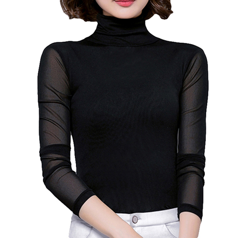 Sexy Mesh Tops Blouse Women Turtleneck Long Sleeve Tops Elasticity Black Shirt Silm Blusas Mujer De Moda Casual Shirts New ► Photo 1/6