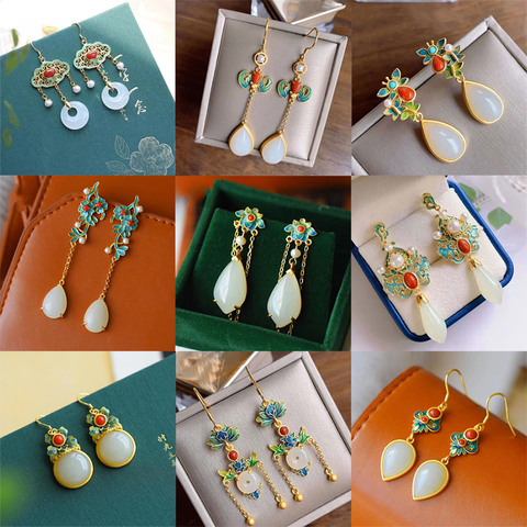 Natural Hetian  jade enamel porcelain Earrings Chinese retro court style unique ancient gold charm women's silver jewelry ► Photo 1/6