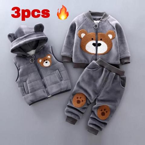 Baby boy's clothes cotton warm suit Bear cartoon printing plus velvet padded sweater baby girl's clothes hooded vest three-piece ► Photo 1/6
